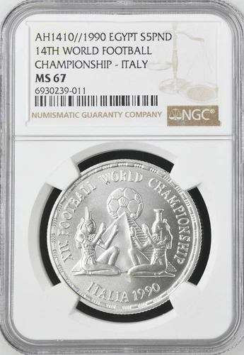 EGYPT , 5 POUNDS WORLD CUP FOOTBALL CHAMPIONSHIP 1990 - NGC MS 67 MATT , RAREX