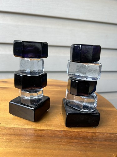 Vintage Purple Clear Staggered Stack Art Deco Acrylic Candlesticks 5" UV Glow-2