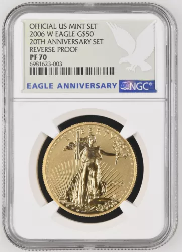 2006 W $50 American Eagle 20 Anniversary 1 Oz Gold Reverse Proof Coin NGC PF70