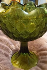 Indiana Glass Duette Green Ivy Crimped Edge Bowl Pedestal Vase or Compote 9"