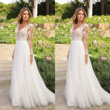 Boho A-Line Wedding Dresses V-Neck Long Sleeved Lace Applique Beach Bridal Gowns
