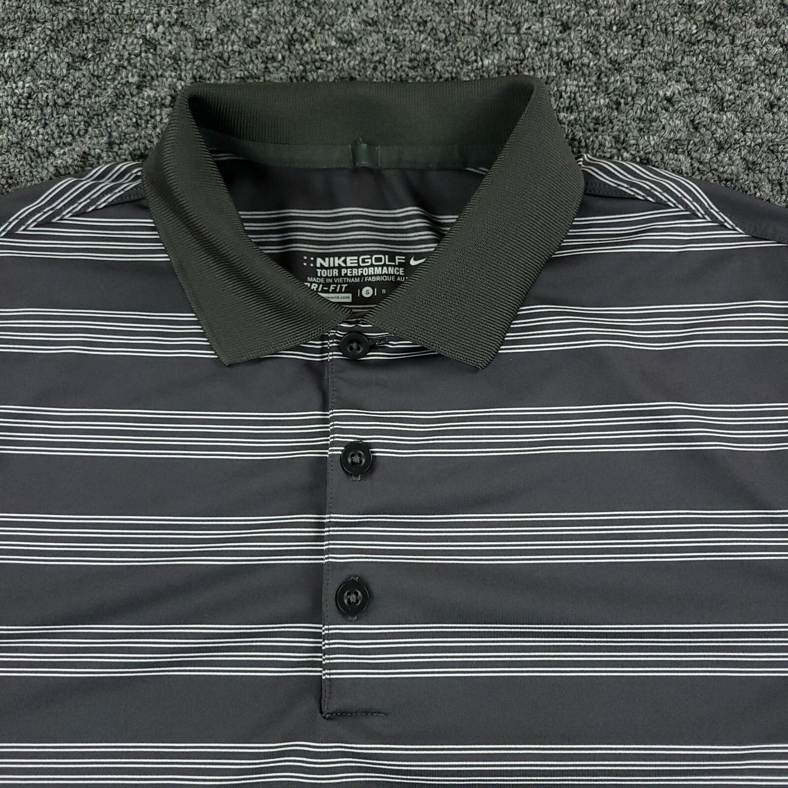 Nike Golf Polo Shirt Mens Small Gray Stripe Tour Performance Dri Fit Golf Swoosh