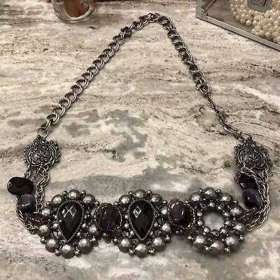 Statement-Halskette Boho Style Amethyst schwarz facettiert Strass zinnfarben