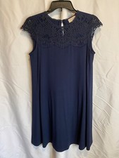 Loft Petite Dress Navy Blue Size SP Top Lace & Cap Sleeves Button Closure Great