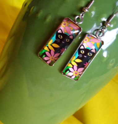  Cat Among Flowers French Art Inspired Handmade Glass Earrings for Cat Lovers