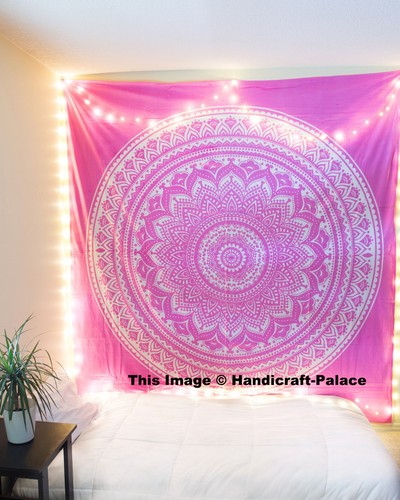 Tapis Mural Mandala Indien Bleu - 215x140cm - Coton Imprimé Main, Style Bohème Ethnique - Pour Décoration Mur, Jet De Lit