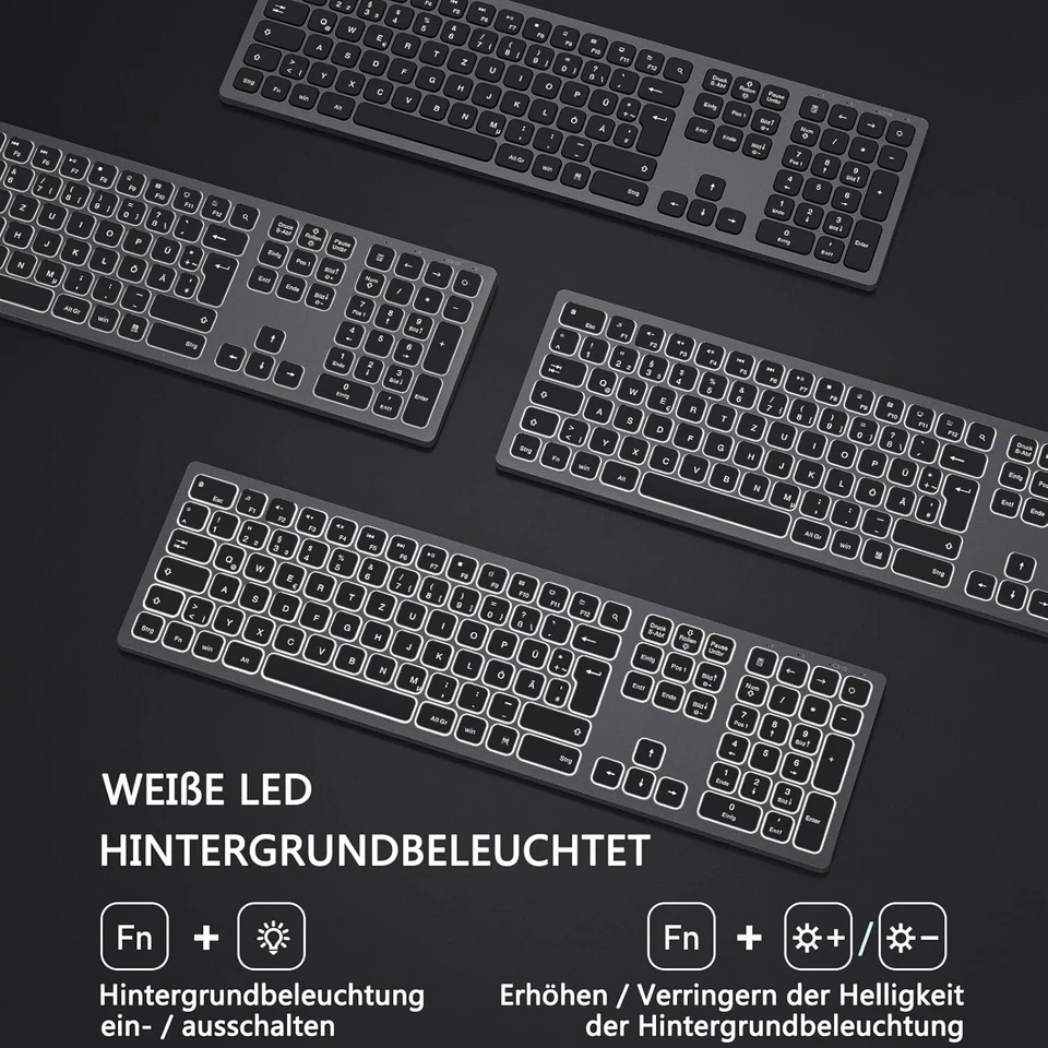 Beleuchtete Tastatur Funktastatur Kabellos mit Weißer LED QWERTZ für PC C336 - Bild 2 von 4