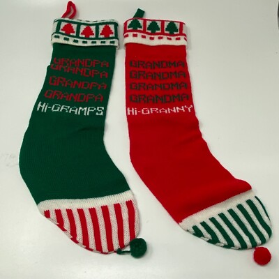 Kurt Adler Set Of Two Knitted Christmas Stockings Grandma Grandpa Green Red VTG