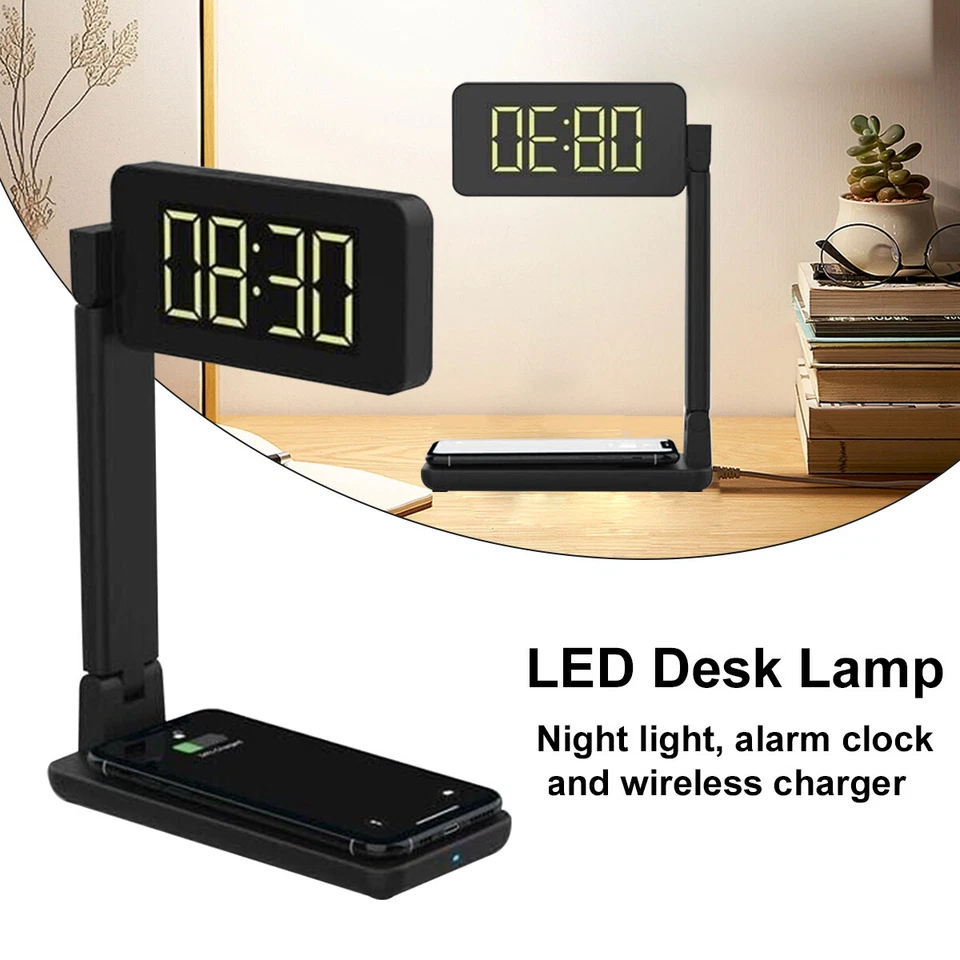Bedside Night Light Desk Lamp w/ Wireless Charger USB Charging Port Clock Office - Image 3 of 4