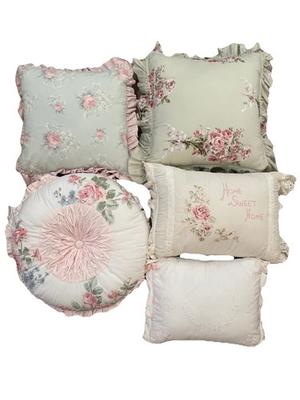 #ad #ad Retired Simply Shabby Chic Throw Pillow Lot Green Pink Embroidered Ruffle Round $125.00