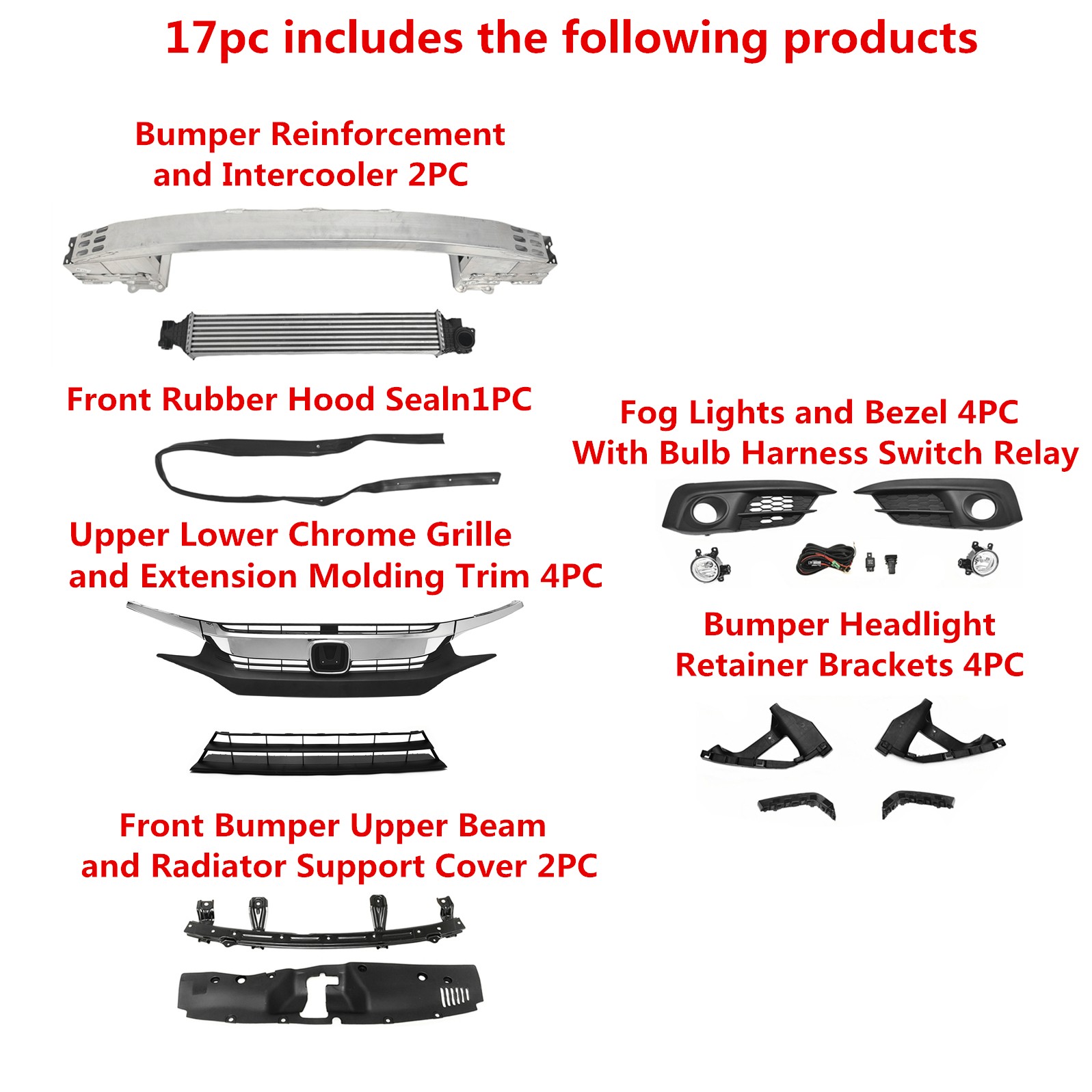 For CIVIC 2016-18 Front Grilles/Fog Lights/Bumper Reinforcement/Intercooler Kit