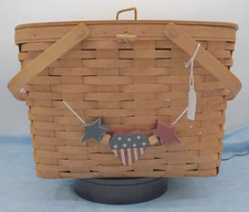 Longaberger 1992 Large Picnic Basket with Lid, Two Trays & Americana Tie-On
