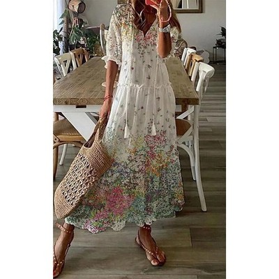 Damen Boho Maxikleid Sommerkleid Blumen Freizeitkleid Langkleid Lose Tunikakleid