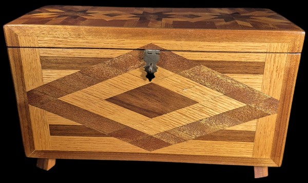 Handmade Parquetry Wood Inlay Folk Art Box w/ Removable Inner Tray
