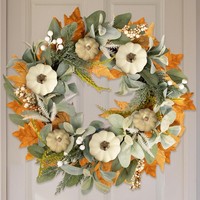 Herbstkranz 45Cm Mit AhornbläTtern Und WeißEn KüRbissen TüRdekoration Halloween