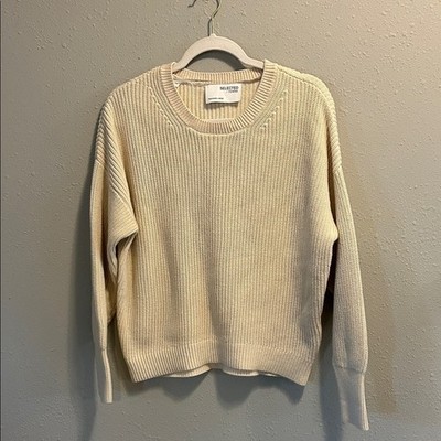 Selected Femme Cream Ribbed Chunky Knit Cotton Fisherman Crew Neck Sweater