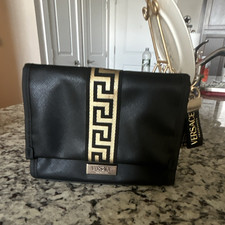 Versace Black Gold Greek Key Zip Clutch Pouch Detachable Strap Gold Hardware