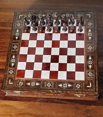 Custom Handmade Rome Themed Mother of PEARL Chess Set- Complete (11'in × 11'in)