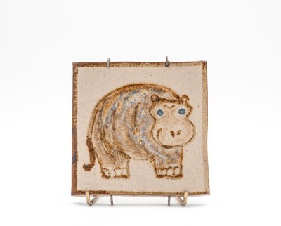 Janet Resnik 4.5'' Hippopotamus Tile - Chapel Hill NC Hand-Painted Art Pottery