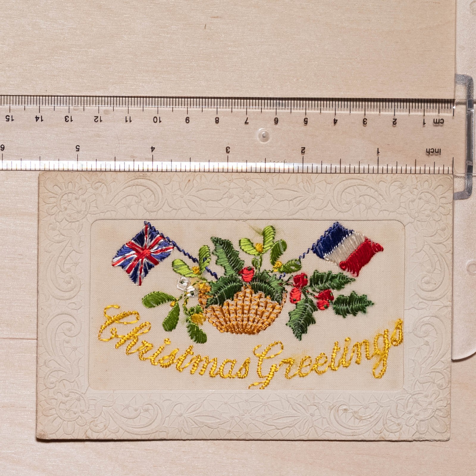 Antique WWI Embroidered Silk Postcard Christmas Greetings Flags France 1914-1918