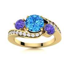 Swiss Blue Topaz  Tanzanite Round 5MM 925 Silver Gold Plated Three Stone Ring