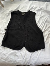 Vtg Sweater Vest Black Beaded Embroidered Floral Knit Womens L 90s Retro Glam