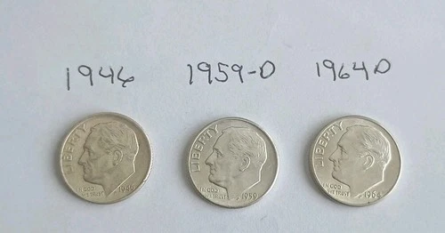 1946, 1959 D, 1964 D Roosevelt Silver Dimes Uncirculated.