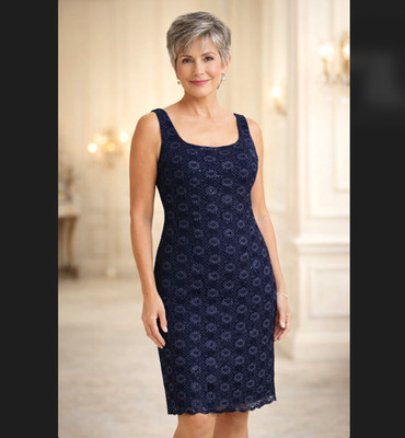Alex Evenings Lace Sequin Sheath Dress 6P Petite Floral Navy Scalloped Wedding