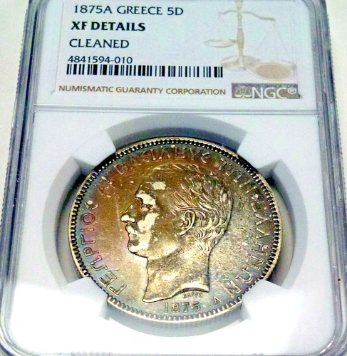 1875 A GREECE 5 Drachma Silver King George l NGC XF Details Rainbow Toning.