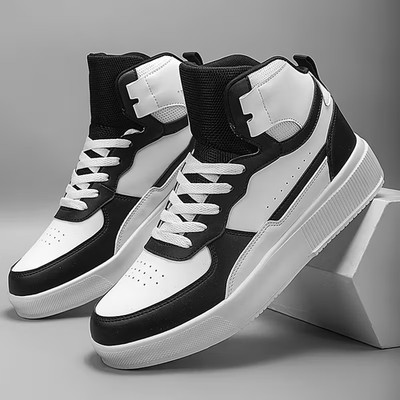 HERREN SCHWARZ/WEISS KUNSTLEDER TRENDY SCHNÜRSTIEFELETTEN HIGH TOP UK 6,5 / 40