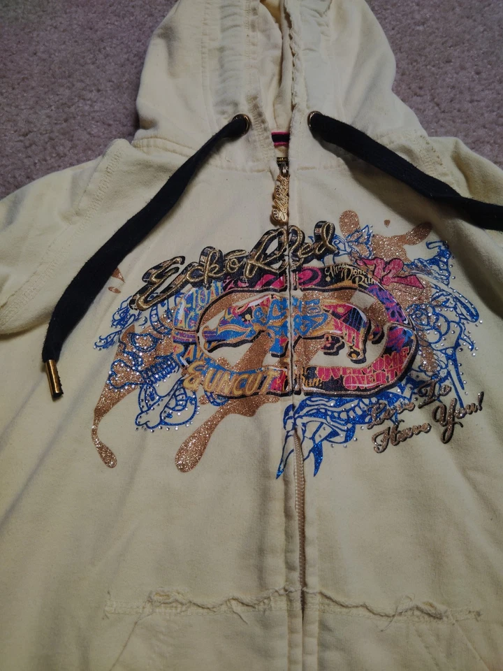 Sudadera con Capucha Ecko Roja con Cremallera XS Amarillo Calavera Tatuaje Gráfico Y2K Streetwear Rara Foto 3 de 4