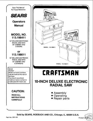 Sears Craftsman Radial Arm Saw Manual No.113.198411 - 第 1/2 張圖片