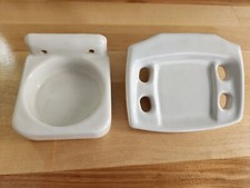 Vintage White Ceramic Tumbler Cup Holder  Toothbrush Soap Dish Set - NICE 
