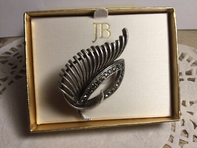 PRETTY SIGNED JB PEWTER COLOR BROOCH WITH RHINESTONES NICE WITH BOX