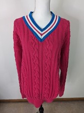 Vtg Pink Cable-Knit V Neck Nautical Sweater Women's Medium Cotton S12 Relaxed