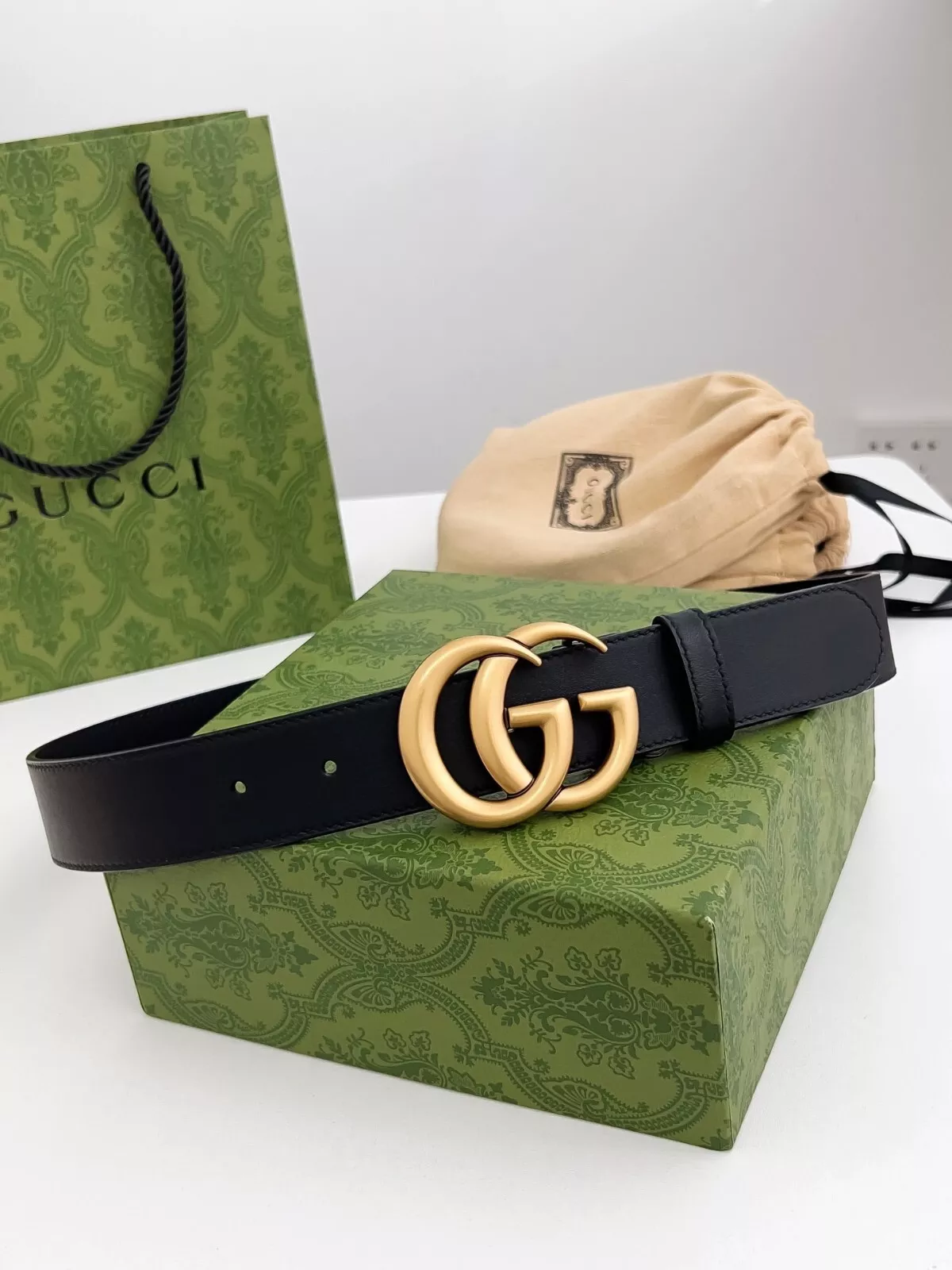 Gucci Ceinture Femme Classique Marmont GG Or 3,0cm Boucle Ceinture Cuir Noir 90cm