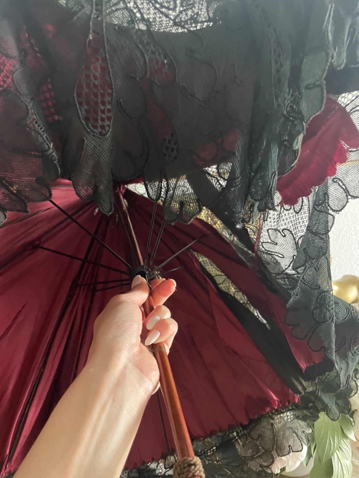 Antique Mourning Parasol Umbrella Black Lace Wood Han… Gem