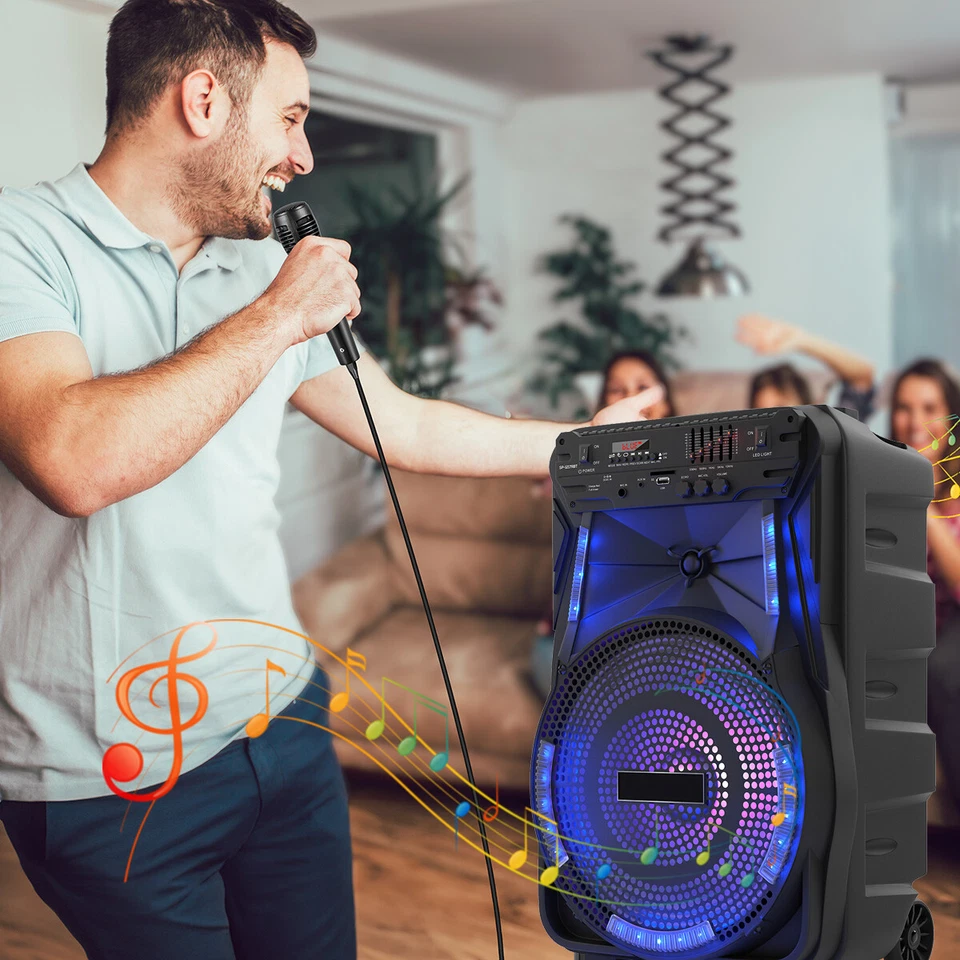 Portable Bluetooth Speaker w/ Mic LED Party Light 12in Subwoofer PA Sound System - Image 3 of 4