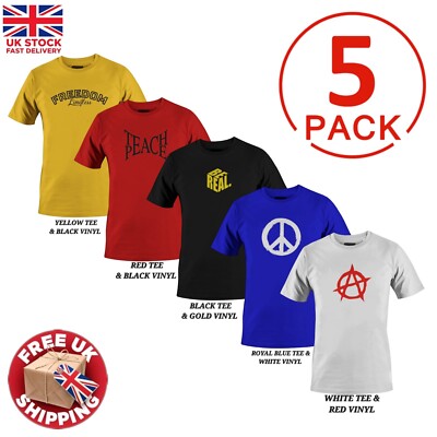  Herren 100 % Bio Baumwolle 5er-Pack verschiedene bedruckte kurzärmelige große T-Shirts