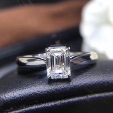 Lab Created 2Ct Emerald Cut White Diamond Solitaire Ring 14K White Gold Plated