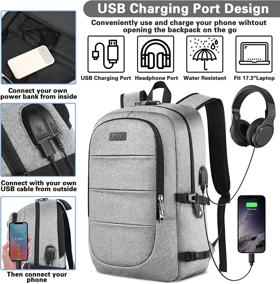 Laptop backpack top with power bank