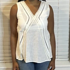 Doe & Rae NWT  CROSS TRIM FRONT WOVEN TOP Off White Women's Size M Boho Casual