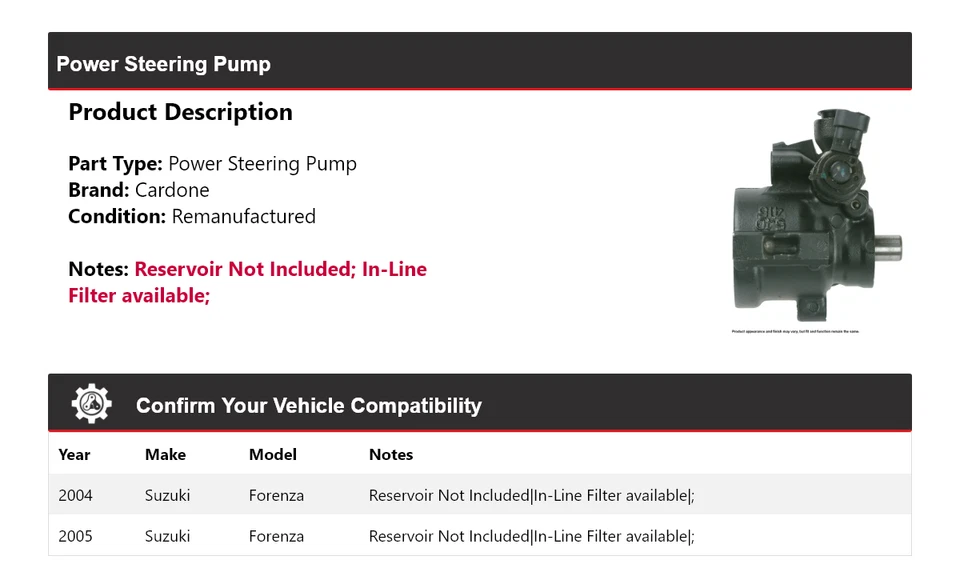 Bomba de dirección asistida Cardone para Suzuki Forenza 2004-2005 Foto 2 de 4