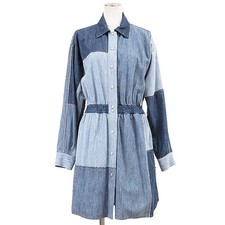 DOLCE&GABBANA Denim Shirt Dress Patchwork Logo Gathered Women Size 38 Indigo