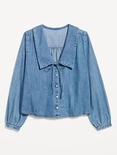 Old Navy Light Blue Chambray Denim Peter Pan Tie-Neck Button Front Blouse Large
