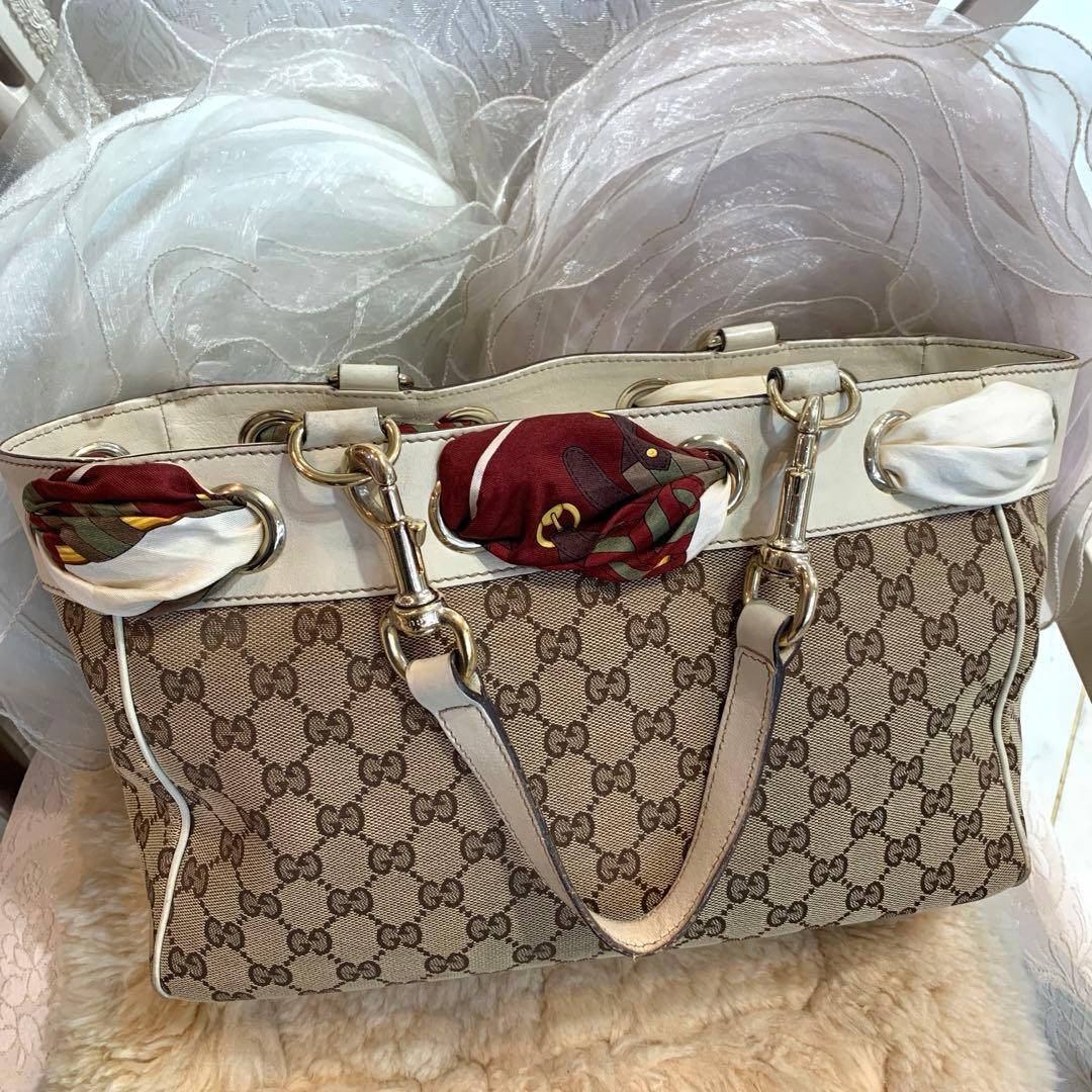 GUCCI GG Positano Tote Bag Canvas Leather Beige White Scarf Authentic VIN thumbnail 2