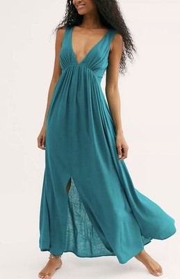 Free People XS Teal Whose That Girl Maxi Dress Deep V-Neck Tie Back Side Slits