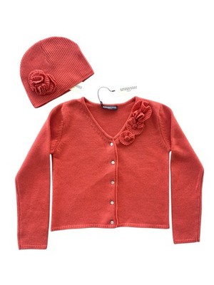 Neu Set Ermanno Scervino Junior Strickjacke Mütze Kaschmir Koralle Mädchen 10A