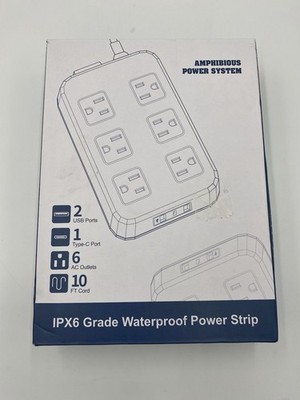 NEW IPX6 Grade Waterproof Power Strip System 6 Outlet 10ft Cord USB Port Surge