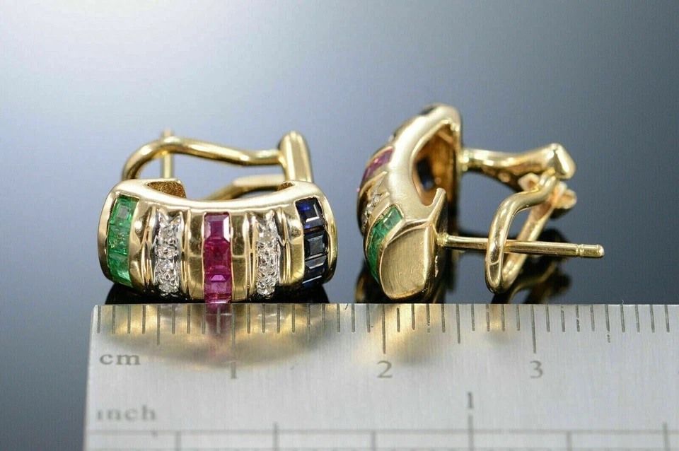 4Ct Simulated Sapphire Ruby Emerald 14K Yellow Gold Plated Omega Clip Earrings - Image 2 of 4